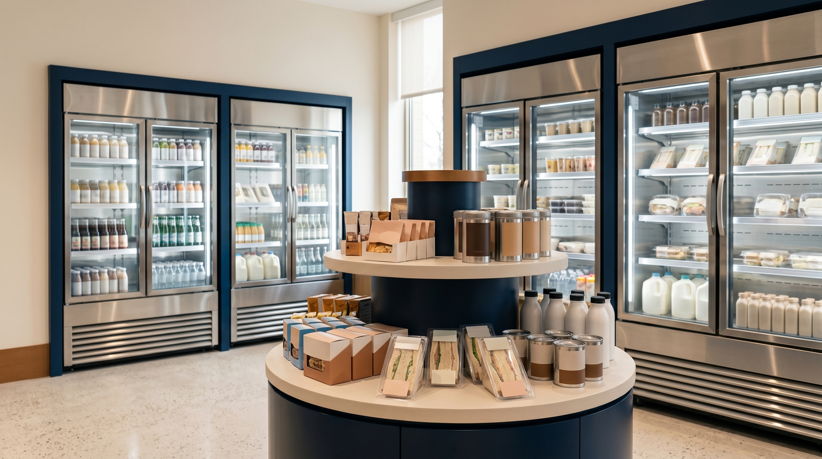 Editorial wide-angle photograph of a clean grab-and-go cooler section in a hotel gift shop, single-serve packaging silhouettes lit by case light, no people, no brand names.